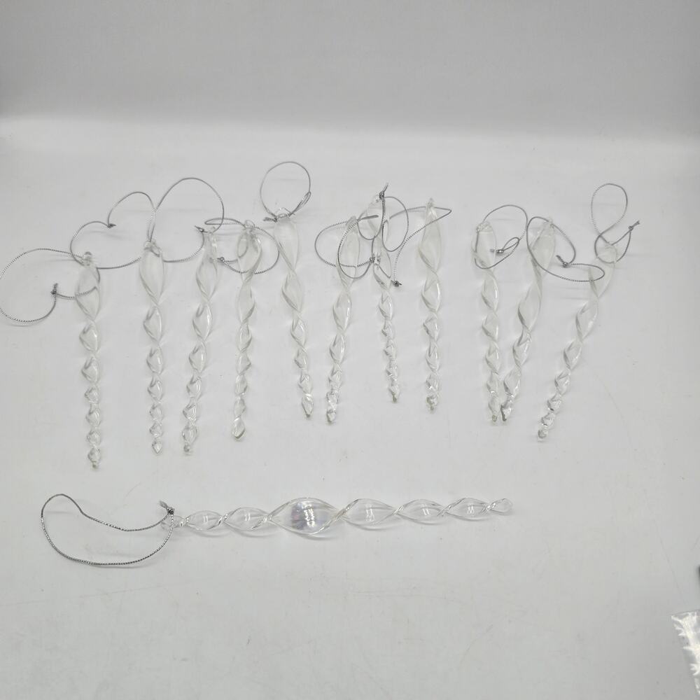 Hand Blown Clear Glass Twisted Icicle Ornaments Set of 12 Vintage Style Decor - Picture 1 of 6